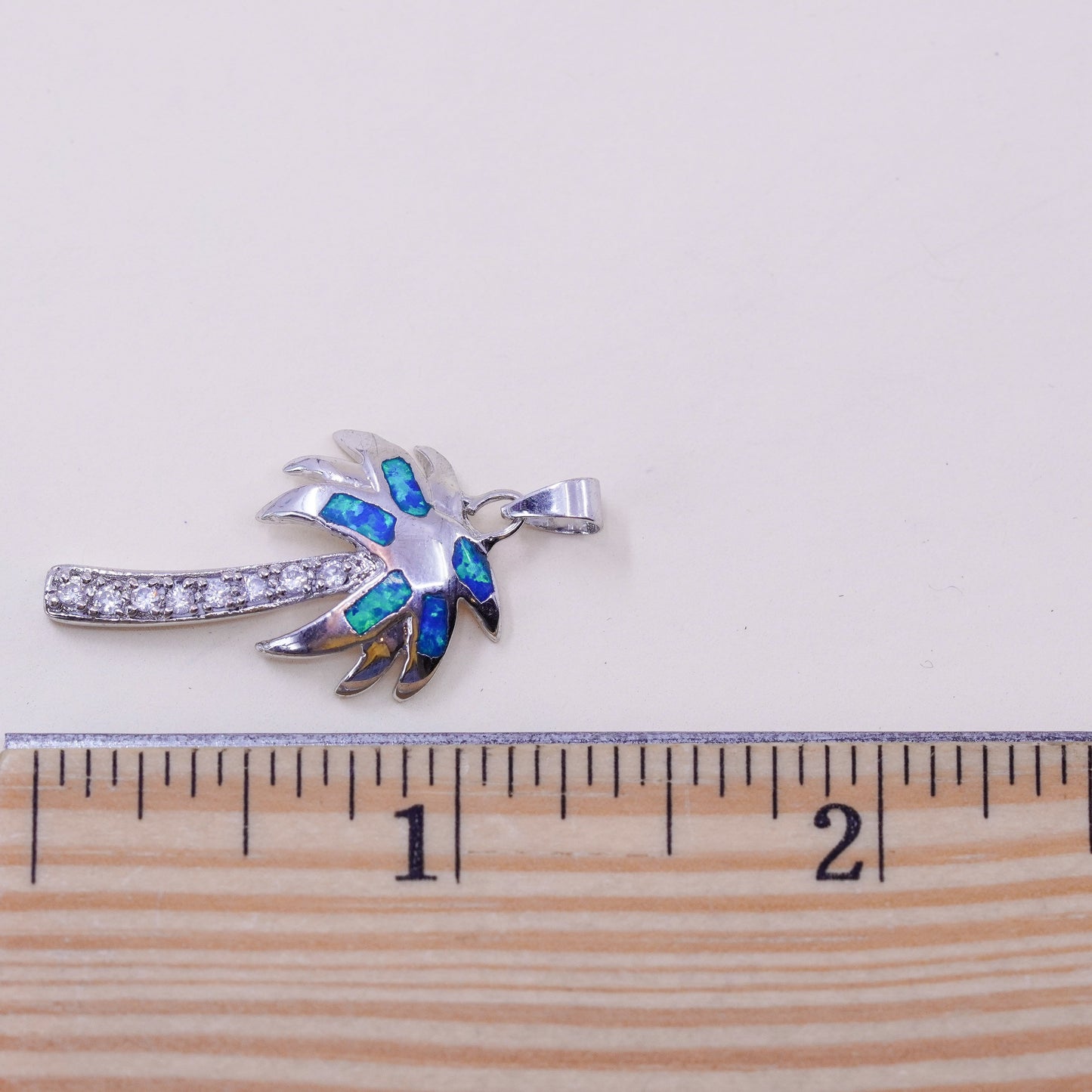 Vintage sterling 925 silver handmade palm tree pendant with opal and cz