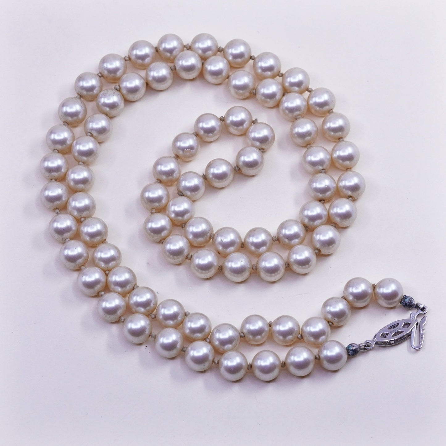 28”, Vintage faux pearl beads necklace chain with sterling 925 silver clasp