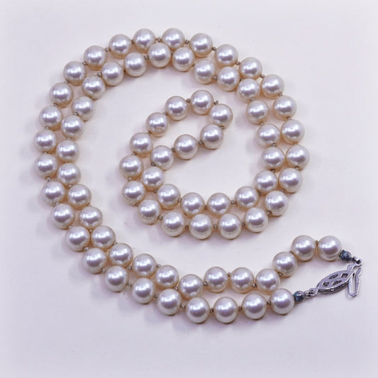 28”, Vintage faux pearl beads necklace chain with sterling 925 silver clasp