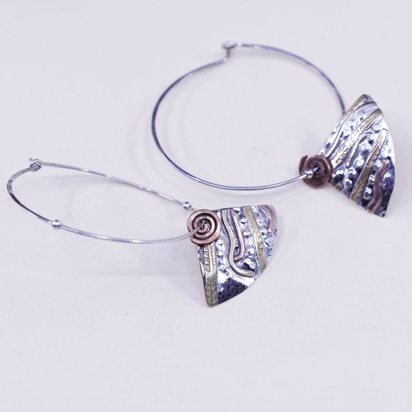 Two Tone Roggio sterling silver handmade hoops earrings, 925 disc brass copper
