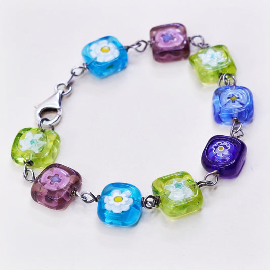 7”, Italy 925 Sterling 925 silver beads bracelet w/ artisan Murano glass