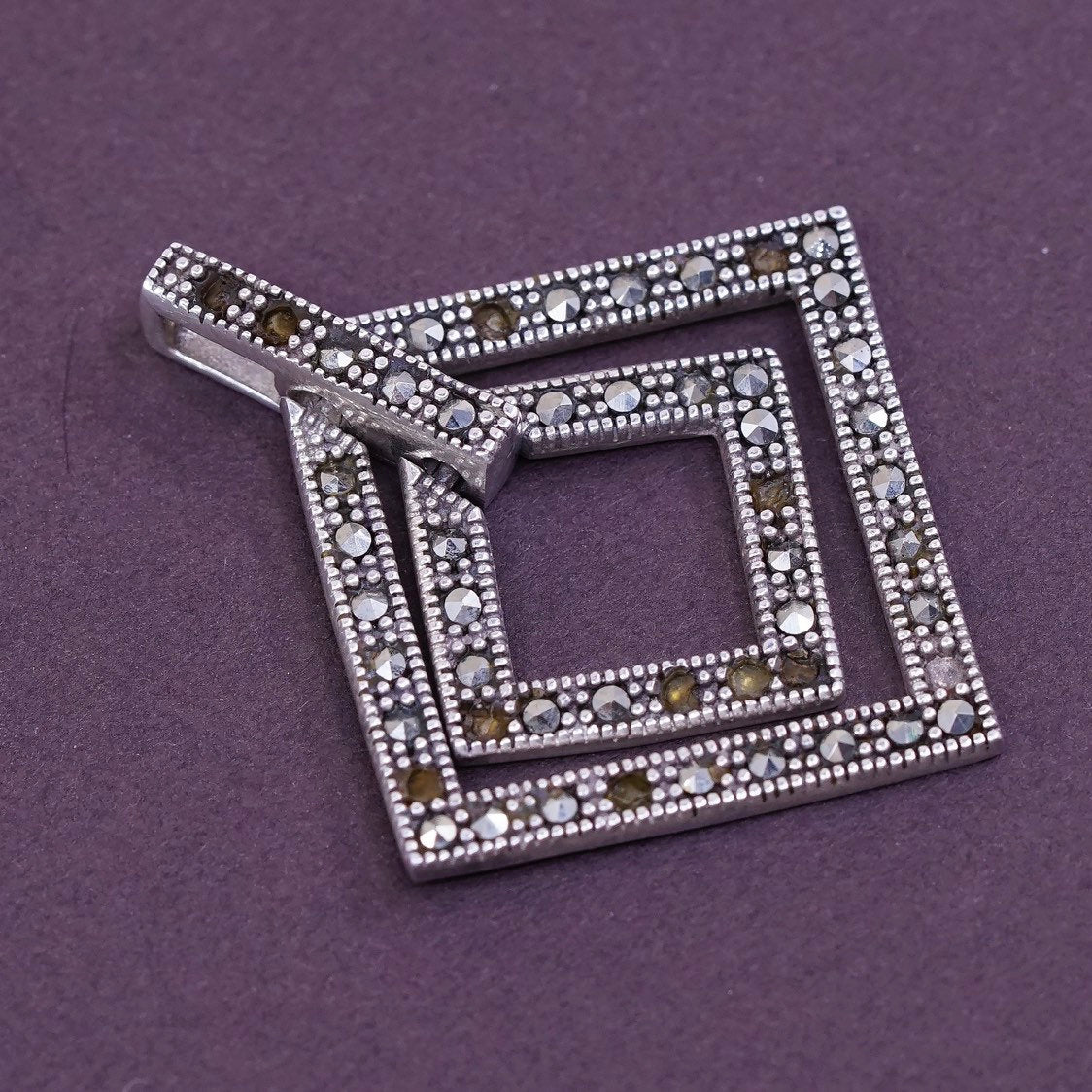 vtg Sterling silver handmade pendant, Star 925 double square w/ marcasite