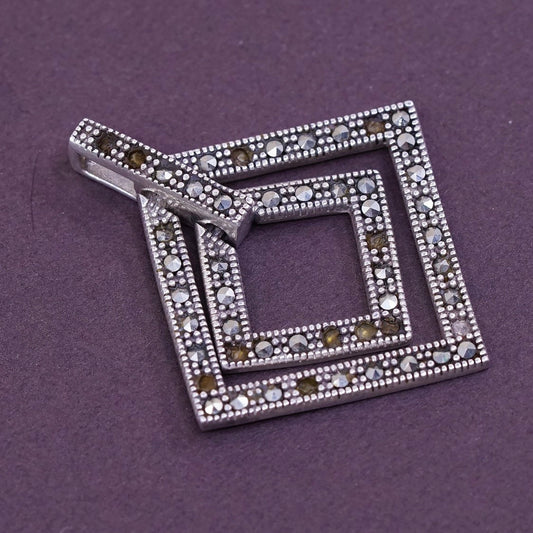 vtg Sterling silver handmade pendant, Star 925 double square w/ marcasite