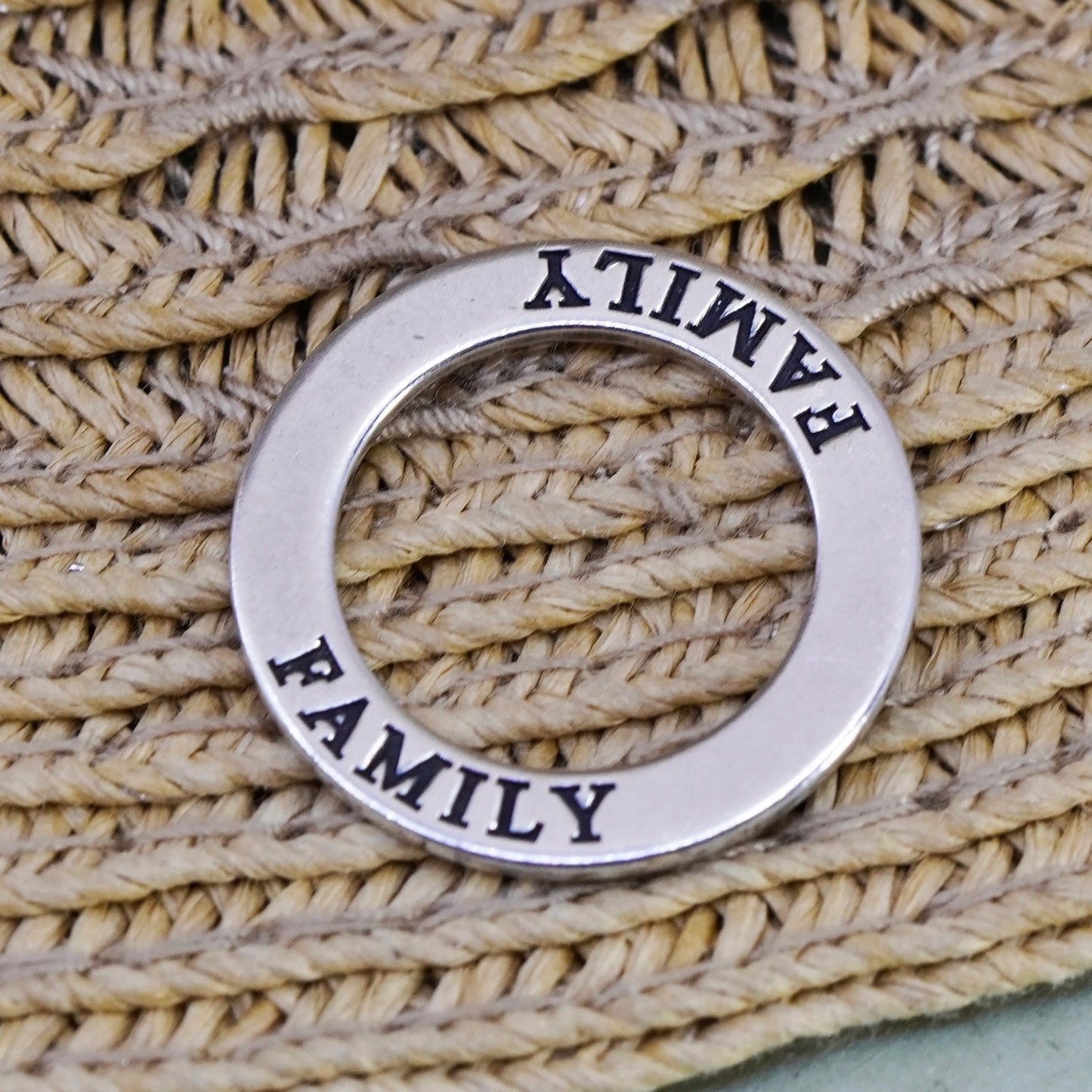 Vintage sterling silver handmade pendant, 925 circle with “family” embossed