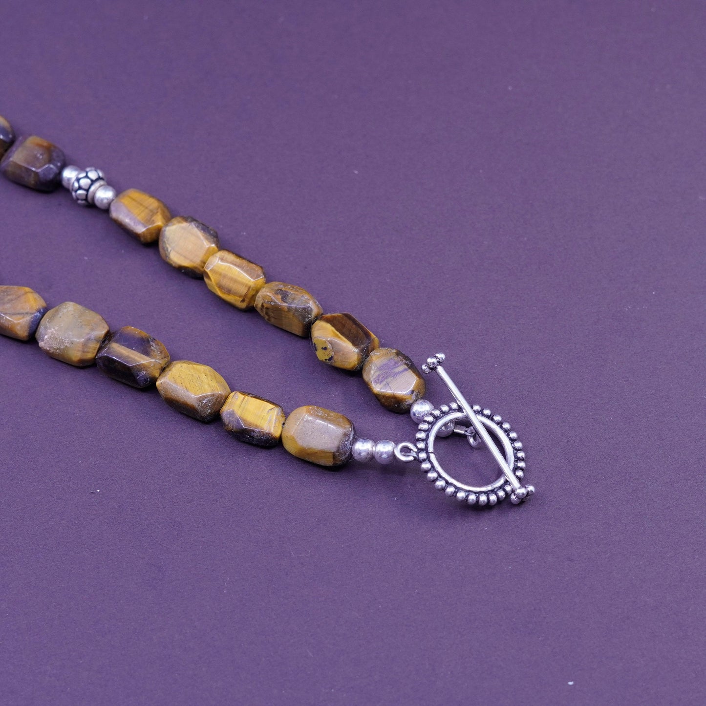 16”, vintage Sterling 925 silver necklace with golden tiger eye beads and hammered pendant, silver tested