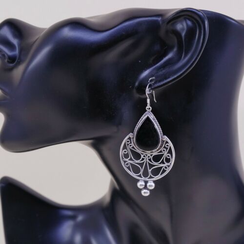 Vtg Sterling Silver Handmade Earrings, 925 Silver Teardrop W/ Obsidian N Beads