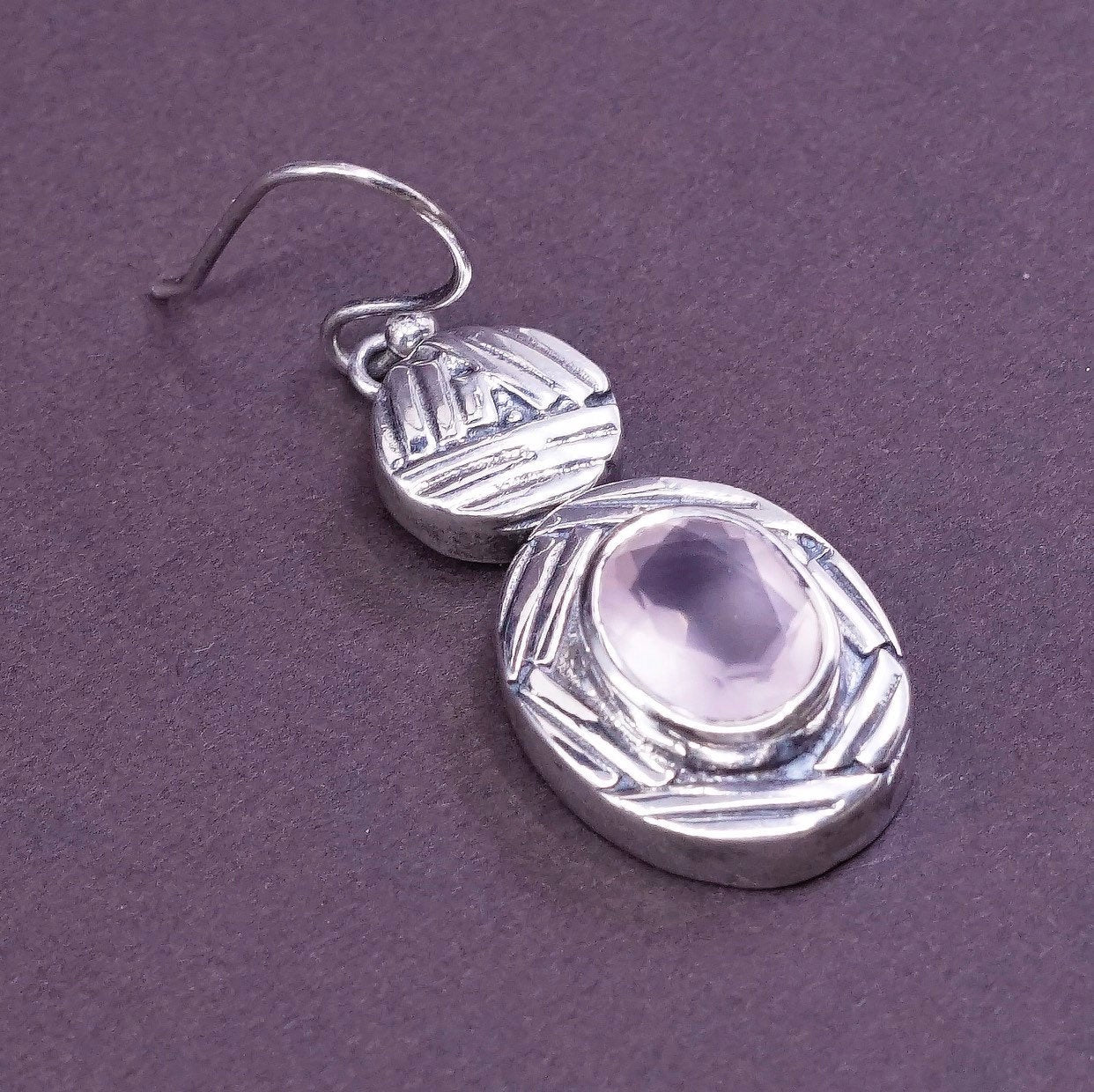 vtg Sterling silver handmade earrings, 925 w/ oval cut amethyst dangle