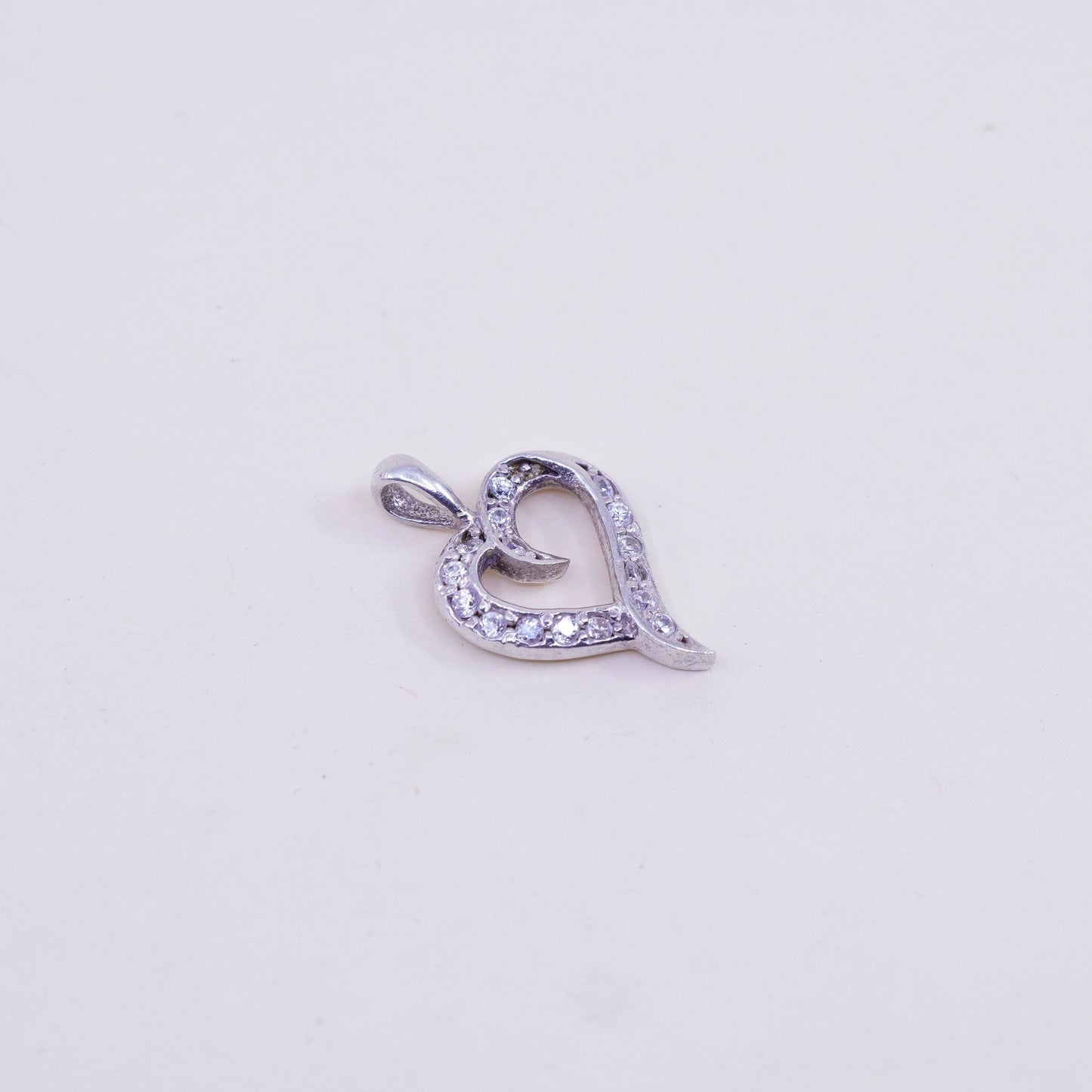 Vintage sterling silver heart charm, 925 pendant with Cz