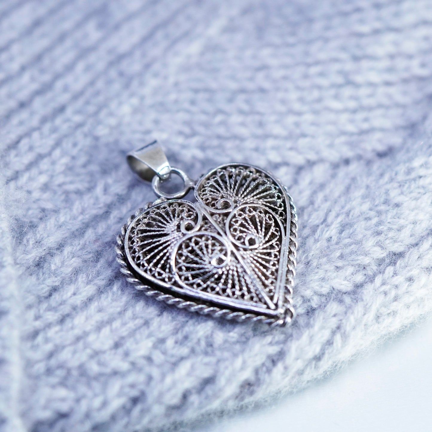 Vintage sterling 925 silver filigree heart pendant charm