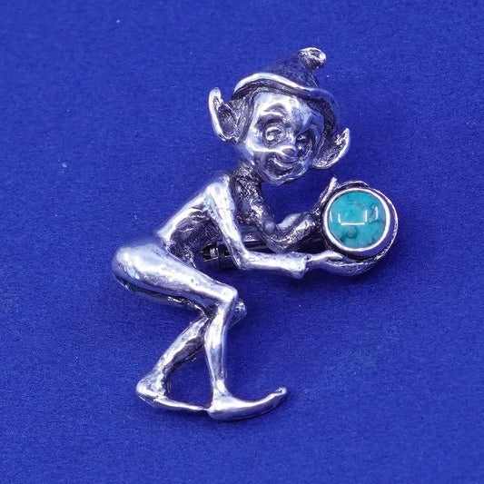 Vintage sterling silver handmade brooch Native American elf djinn pin turquoise