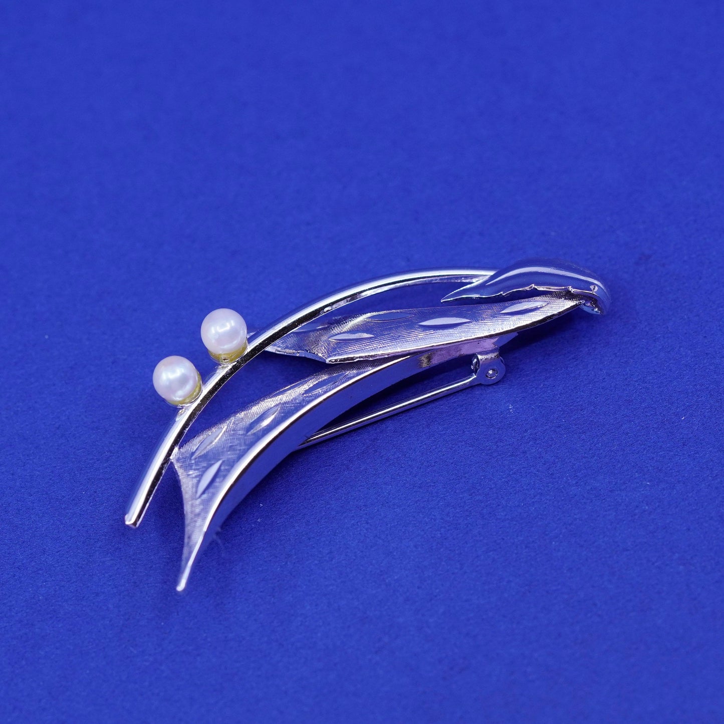 Vintage Sterling silver handmade brooch, 925 wave with pearl