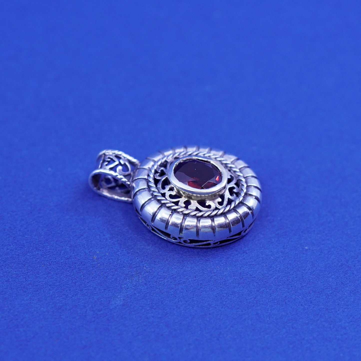 Vintage Sterling silver handmade pendant, solid 925 silver with ruby and rope