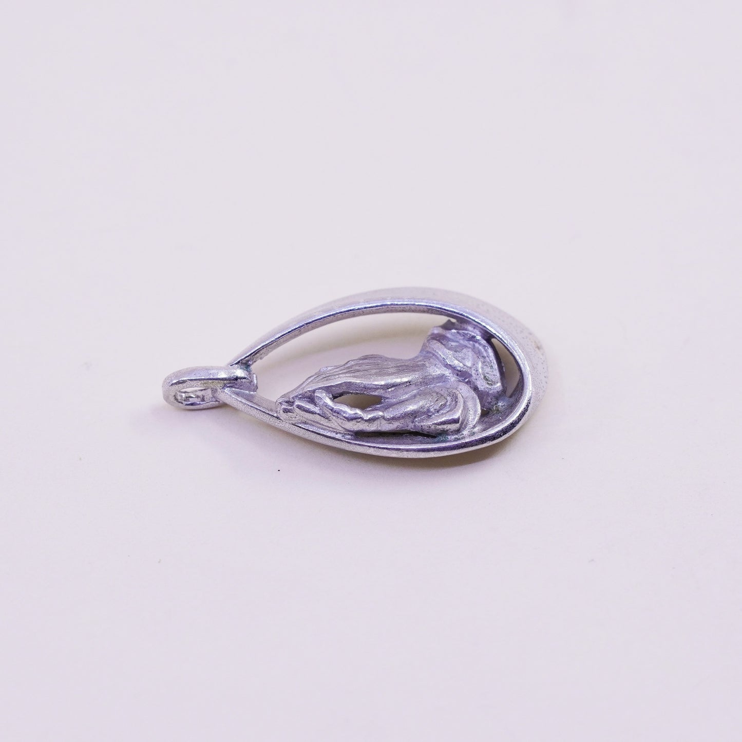 Vintage Sterling silver handmade pendant, 925 teardrop with prayer hands