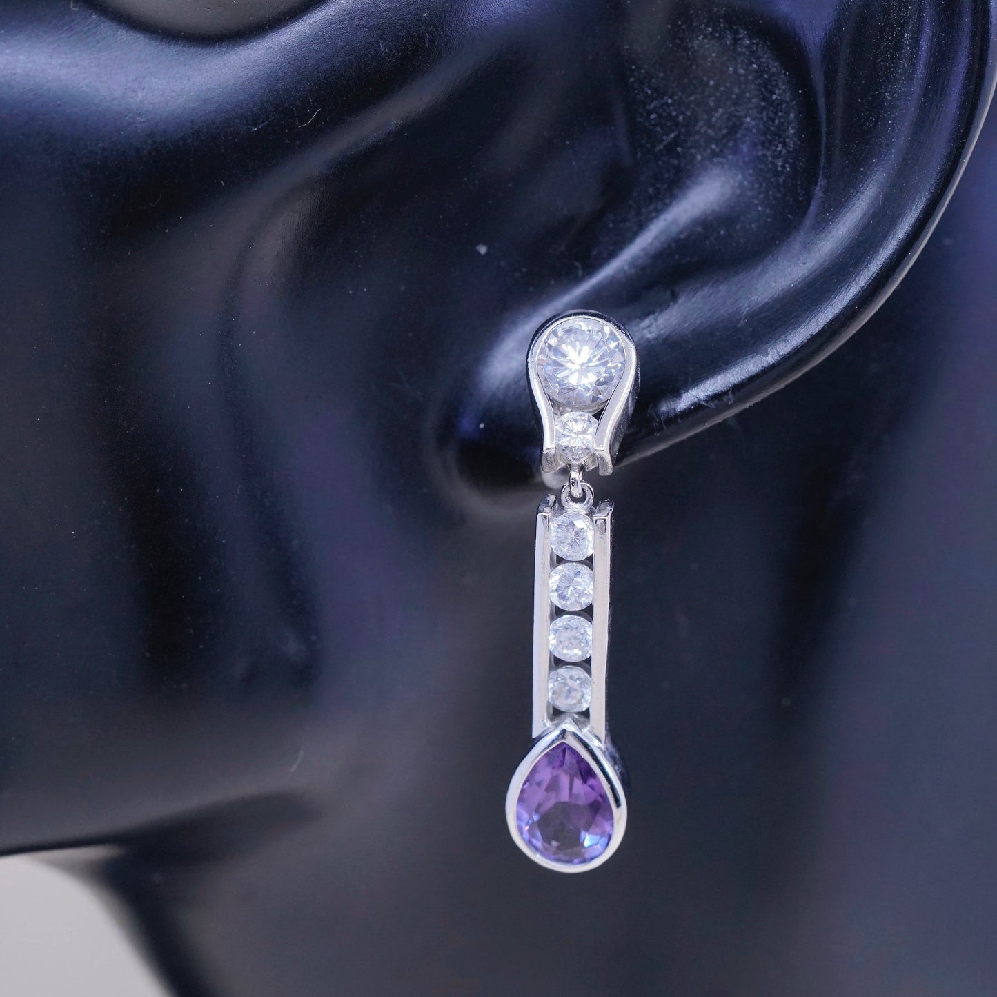 Vintage modern sterling silver handmade earrings, 925 w/ teardrop amethyst N Cz