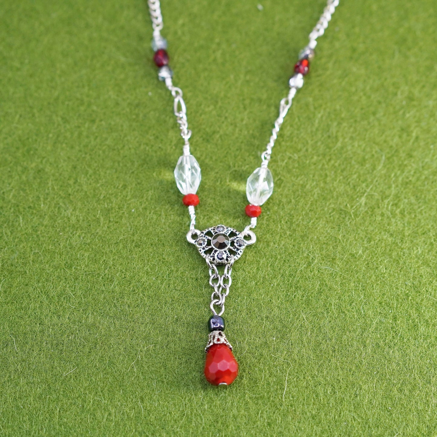 18”, sterling silver necklace, 925 figaro chain red teardrop glass pendant