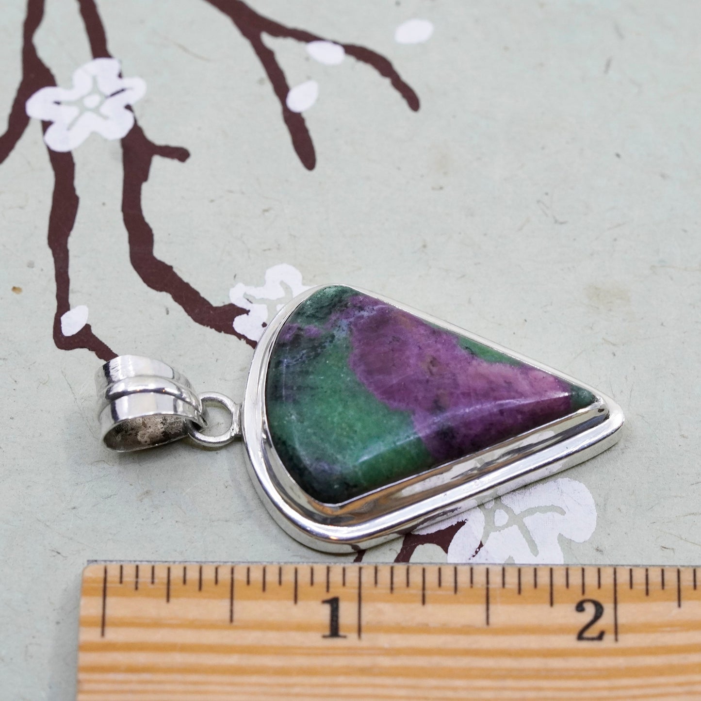 Vintage sterling silver handmade pendant, Mexican 925 teardrop w/ ruby zoisite