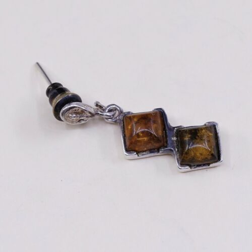 Vtg Sterling Silver Handmade Amber earrings, 925 silver dangles, Stamped 925