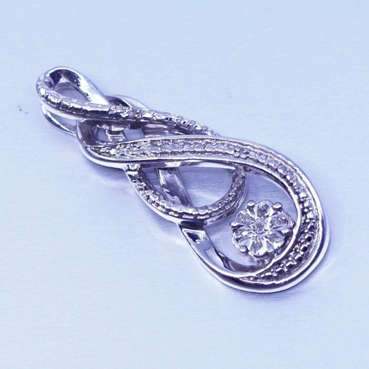 Vintage sterling 925 silver pendant, entwined teardrop with diamond