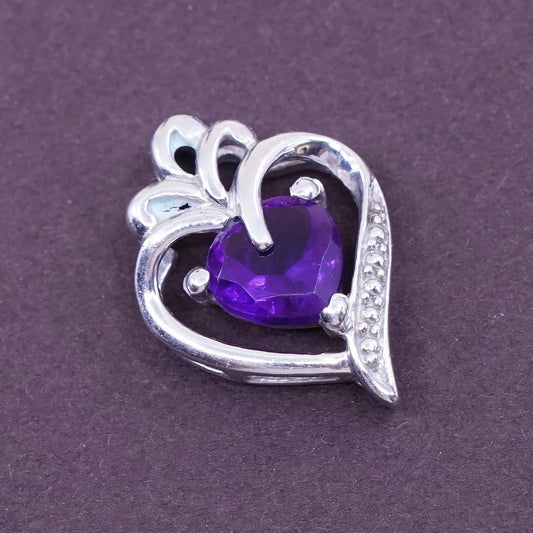 Vintage Sterling 925 silver handmade pendant, heart with amethyst center