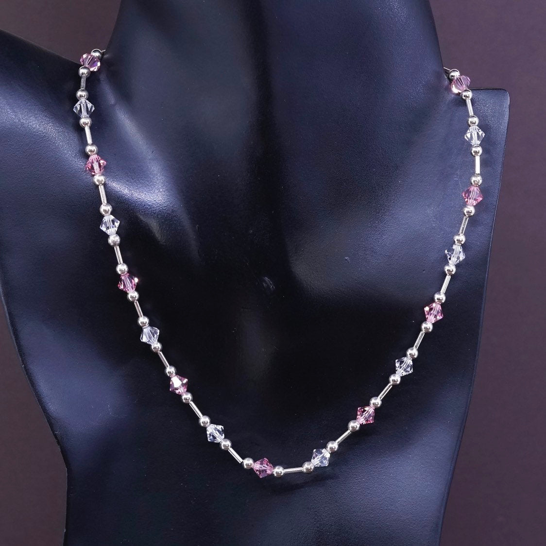 16" vtg Sterling silver necklace, 925 beads w/ pink crystal beads