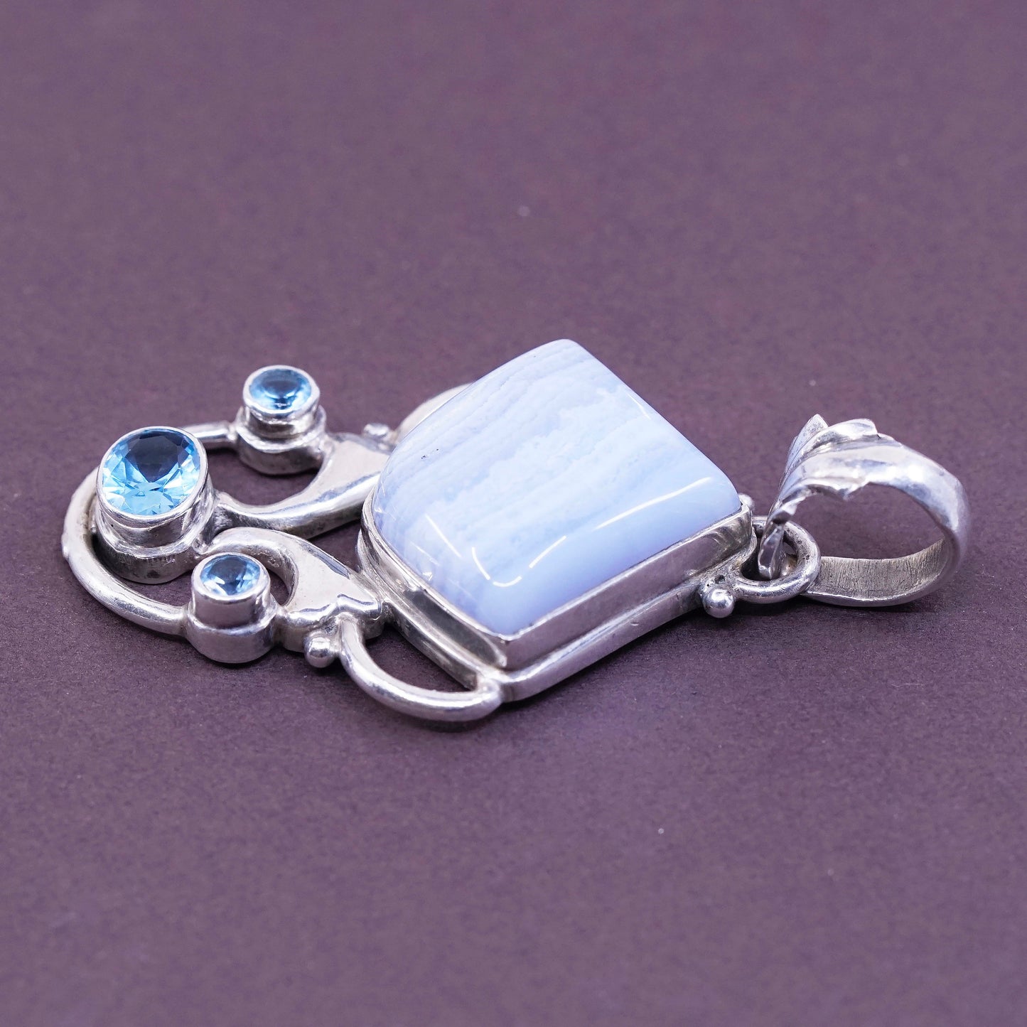 Southwestern Sterling silver handmade pendant, 925 with lace agate and topaz