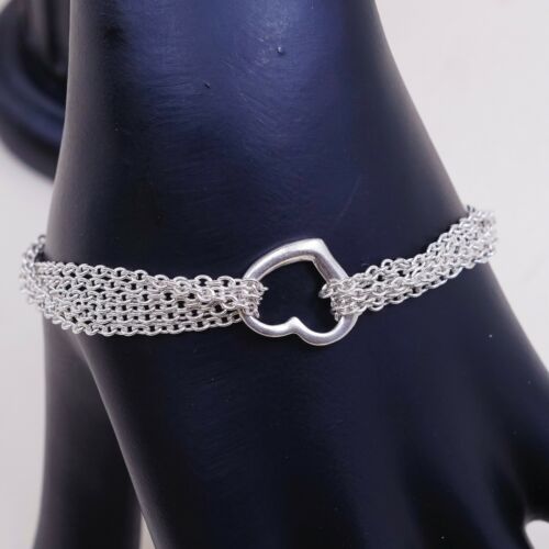 6.75” Sterling Silver Bracelet Multi Strands 925 Circle Chain W/ Heart Charm