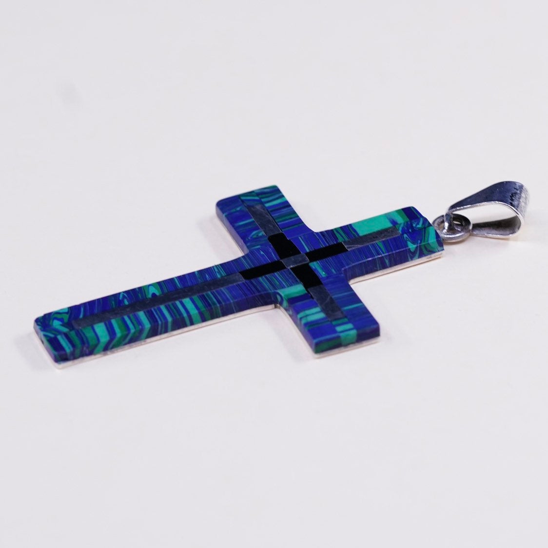 VTG Sterling silver handmade pendant, Mexican 925 cross with malachite
