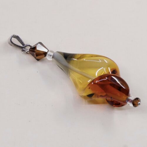 Vtg sterling silver handmade pendant, solid 925 W/ Twisted Orange Glass