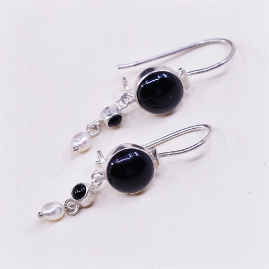 vtg Sterling silver handmade earrings, 925 w/ obsidian and pearl drops, elegant