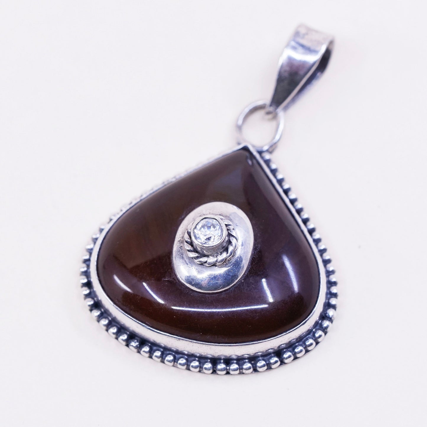 vtg sterling silver handmade pendant, 925 with carnelian agate and Cz