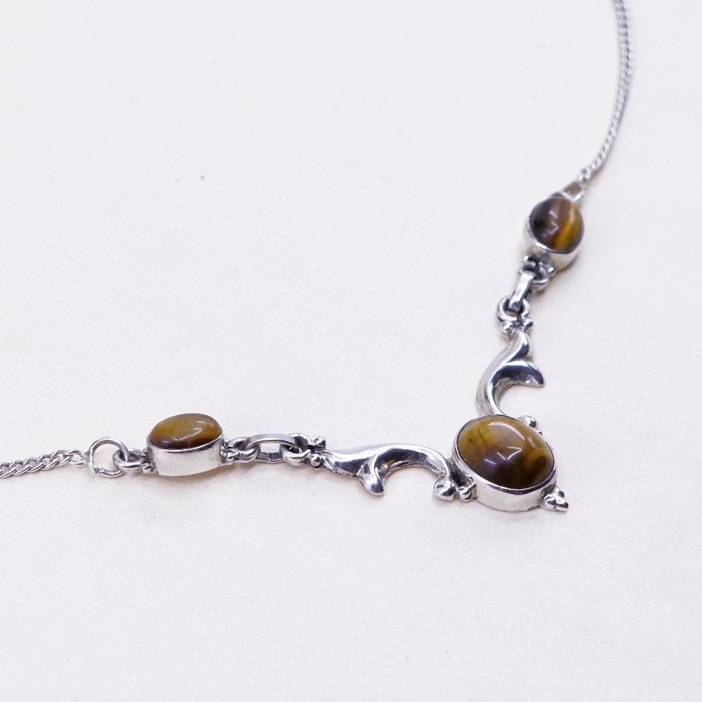 17”, mexico curb sterling 925 silver handmade necklace golden tiger eye pendant