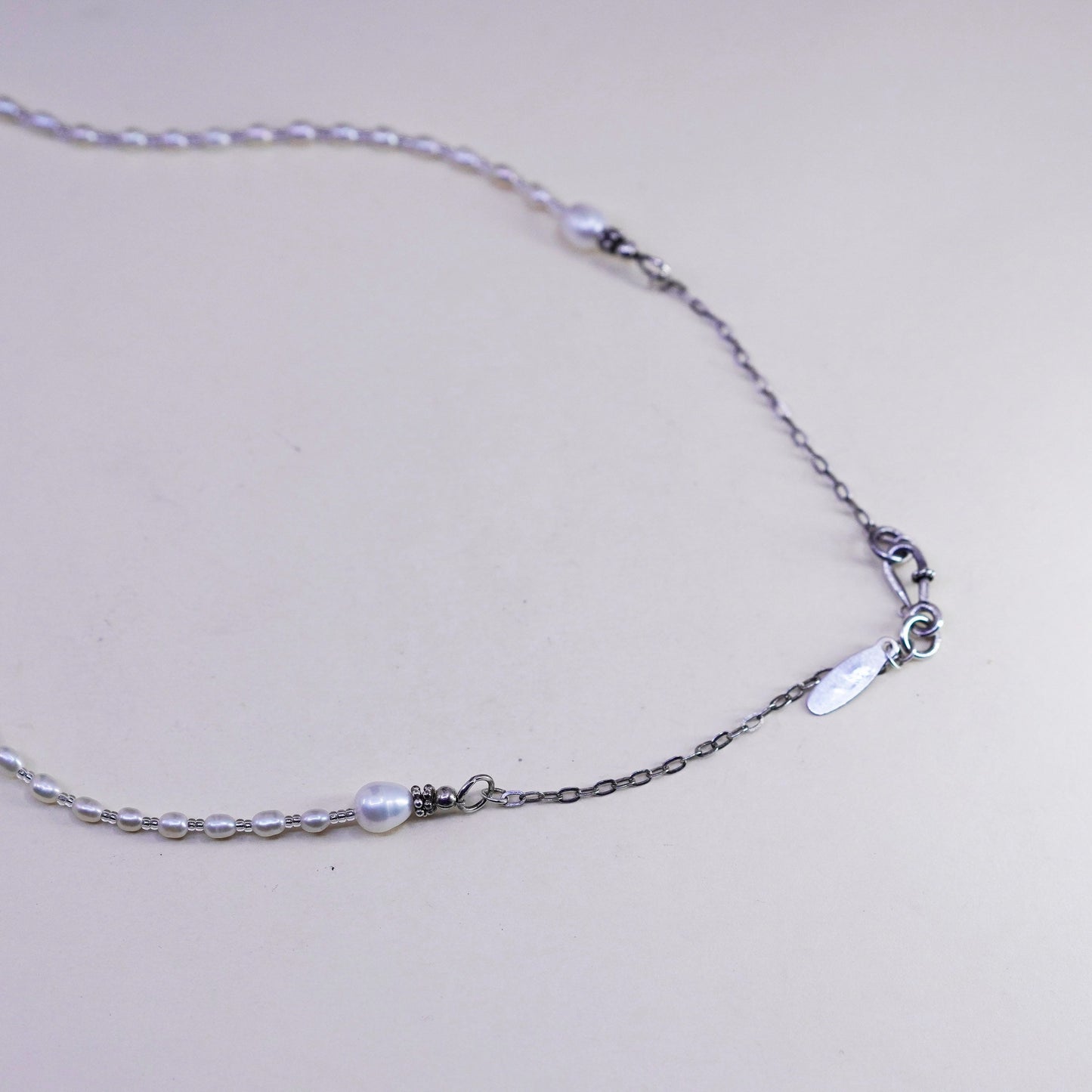 18” Sterling 925 silver handmade necklace, elongated chain pearl rose quartz