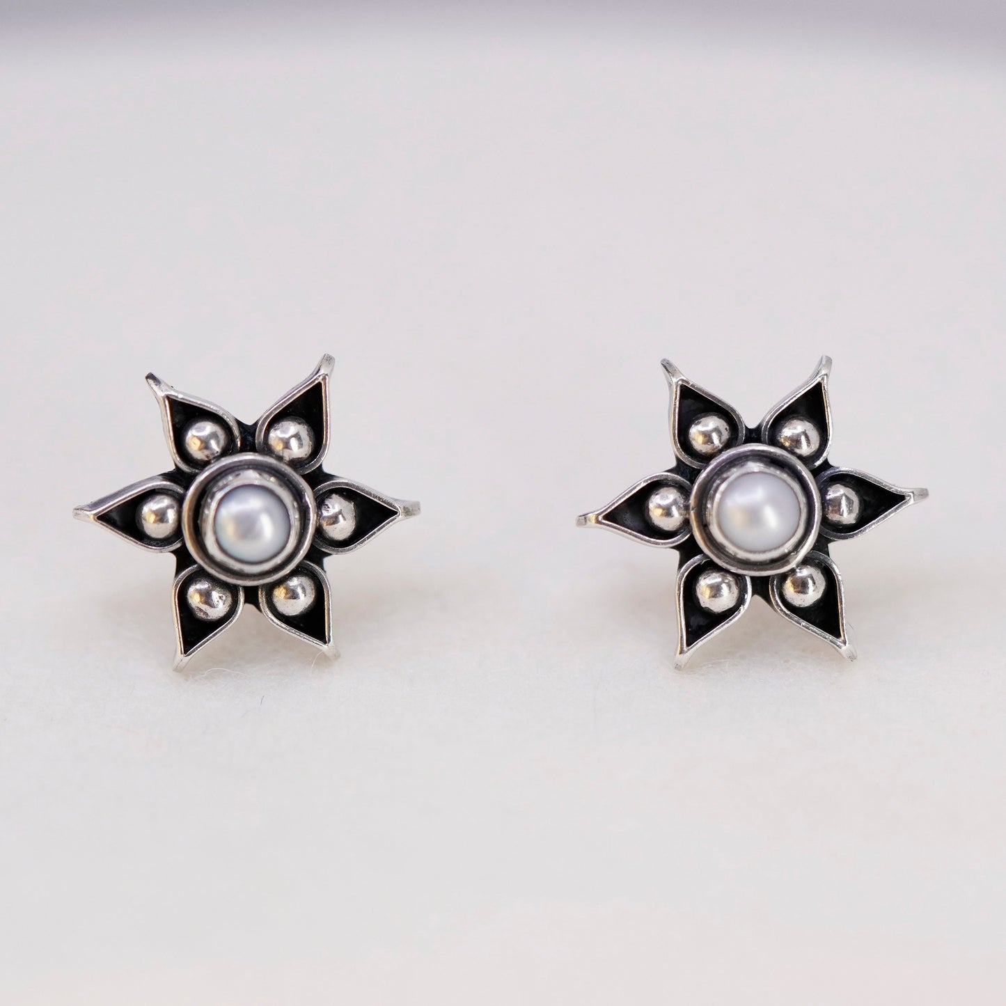 Sterling 925 silver handmade earrings, flower snowflake studs pearl beads