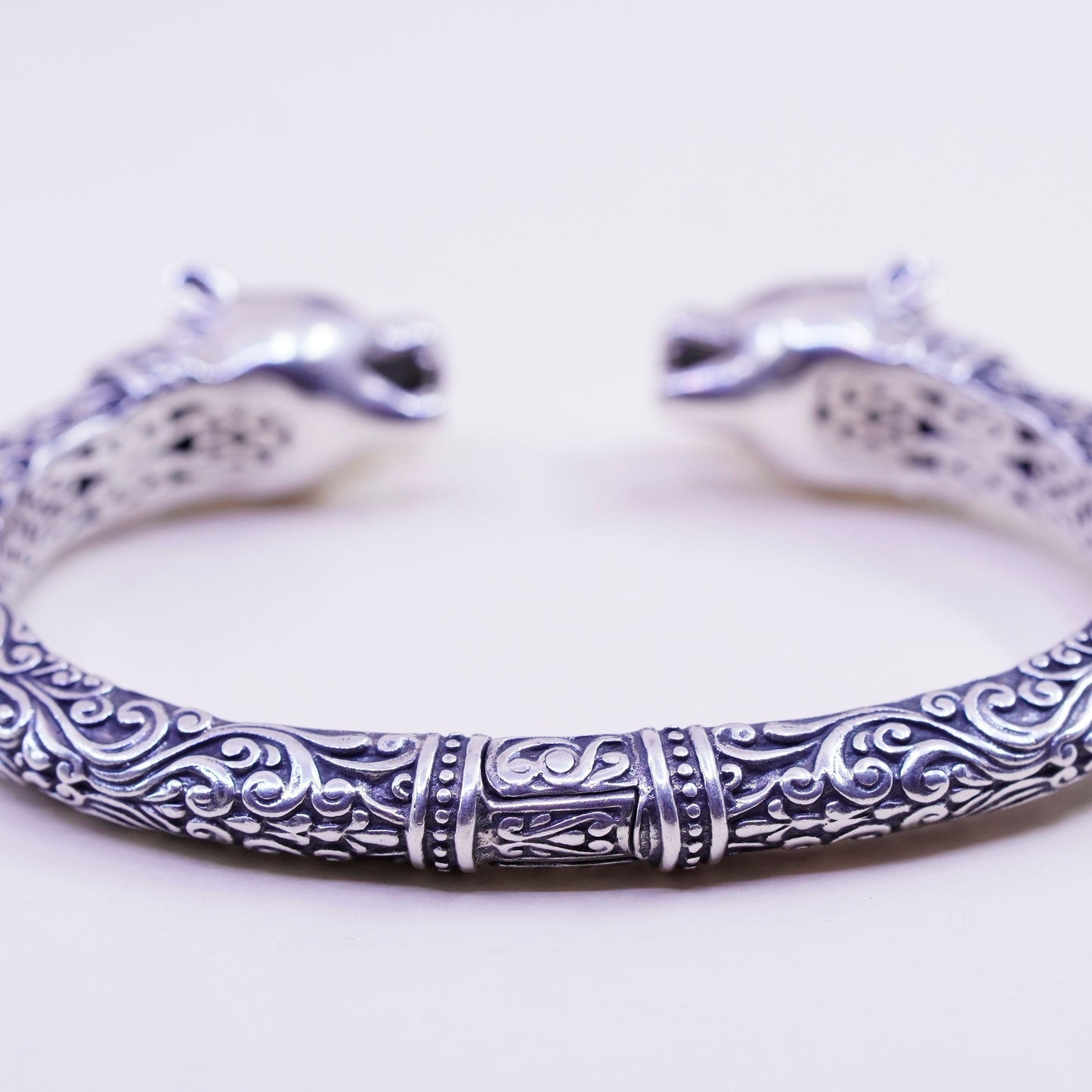 7”, designer 18K gold sterling silver Bali bracelet, 925 bangle leopard head