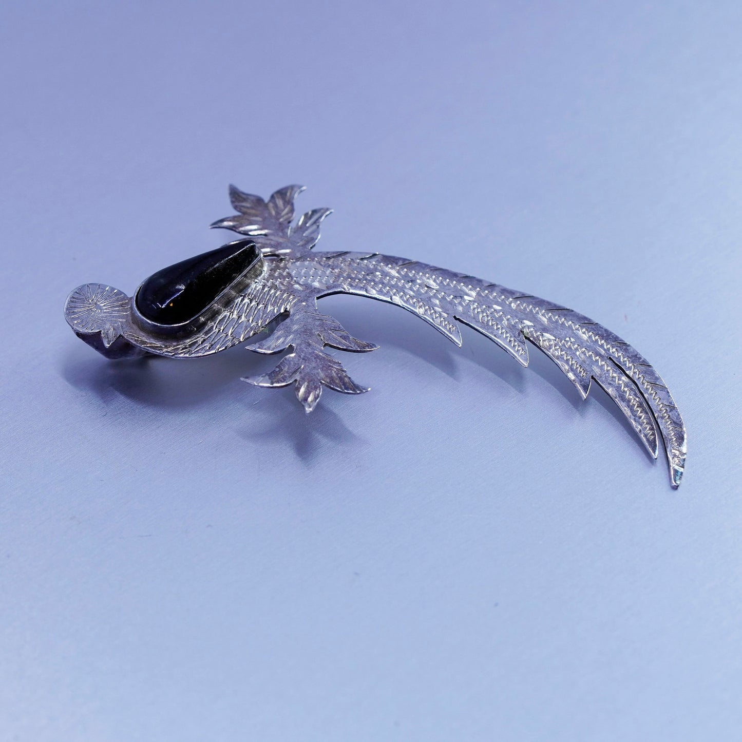 Vintage Sterling 925 silver handmade bird peacock brooch, pin with obsidian