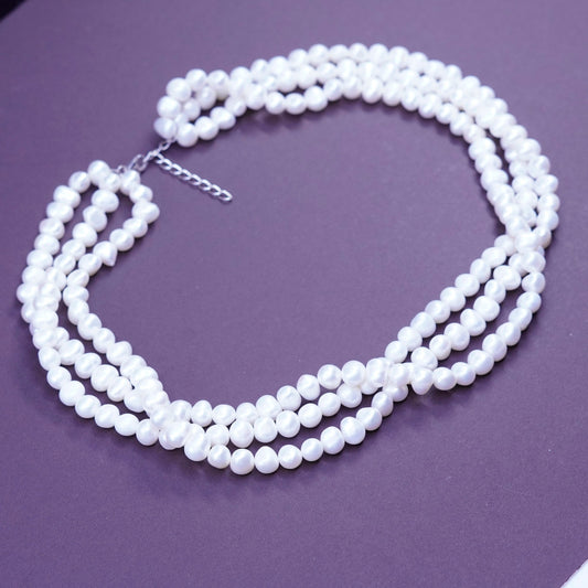 17+1”, triple strand pearl beads handmade necklace, Sterling 925 silver clasp