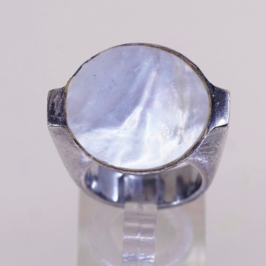 sz 6, vtg sterling 925 silver handmade cocktail ring, w/ MOP inlay, stamped 925