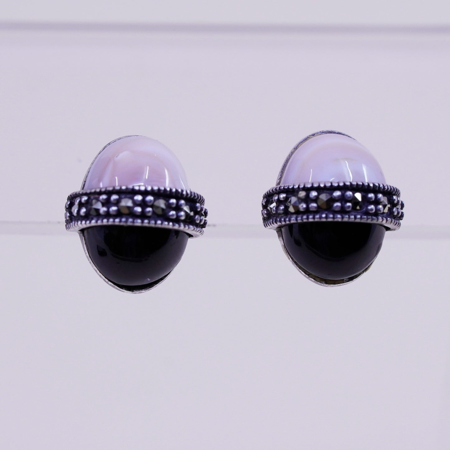 Vintage sterling silver earrings, 925 studs with agate obsidian and marcasite