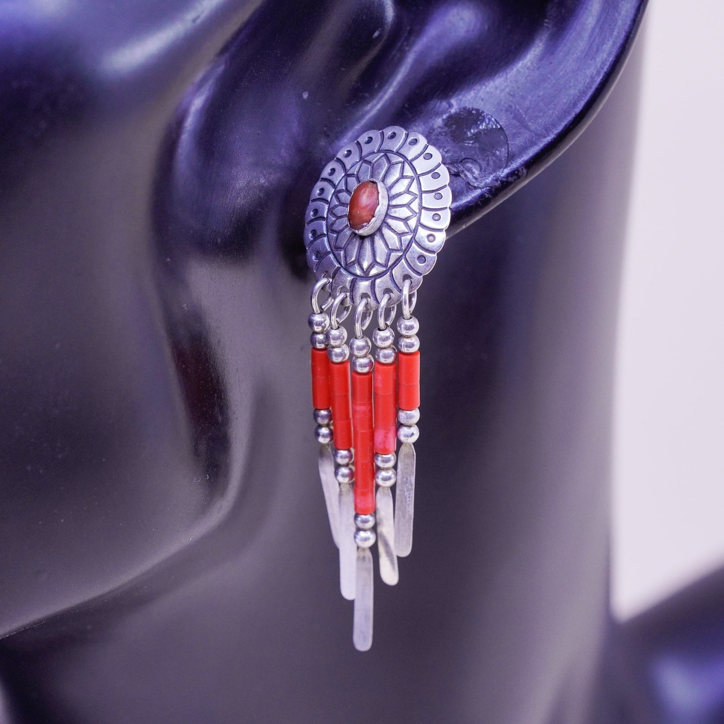 TK Sterling silver earrings, Native American 925 oval coral studs beaded fringe