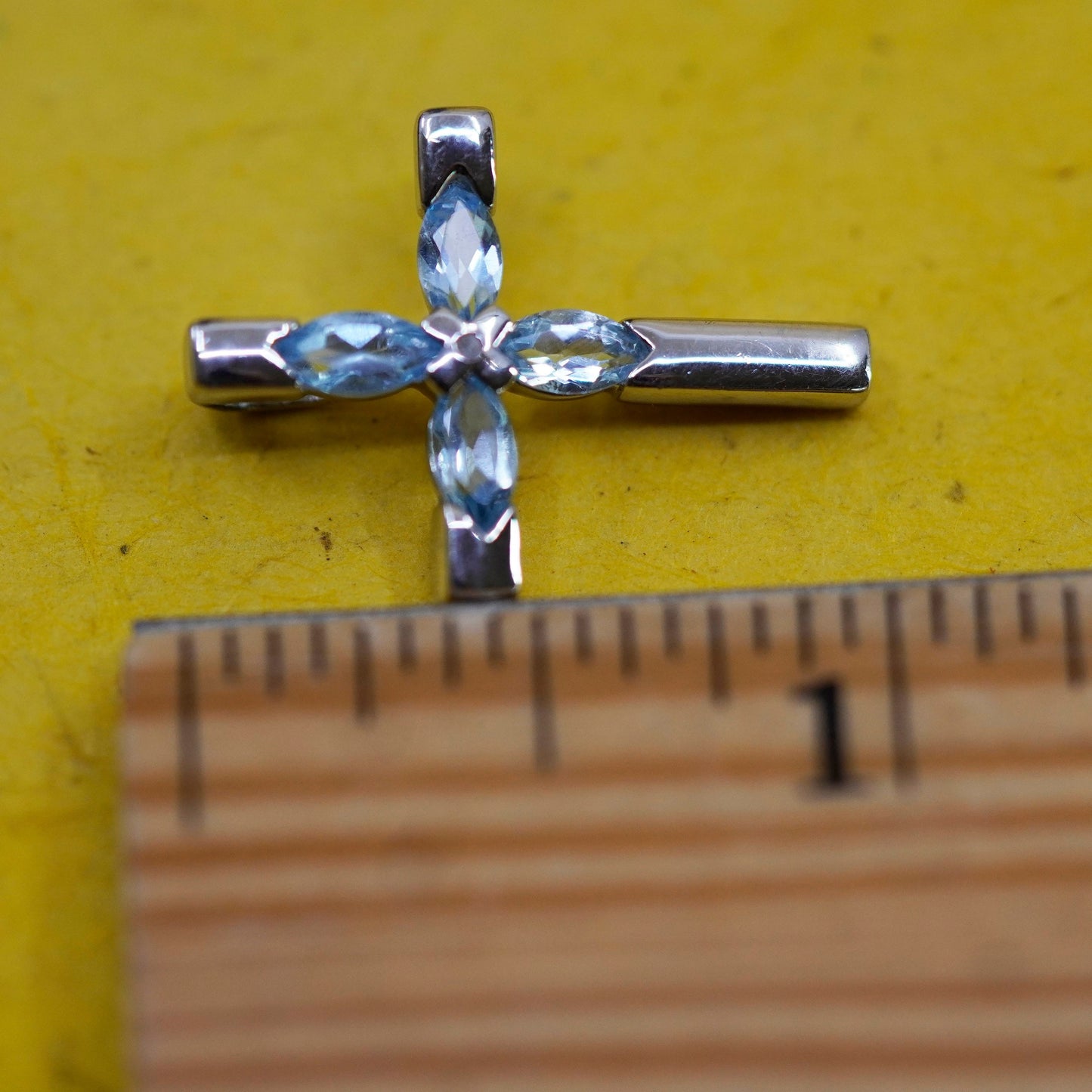 vtg Sterling silver handmade pendant, 925 cross with blue Cz inlay, Christian