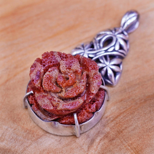 Vintage Sterling 925 silver handmade pendant with flower red coral