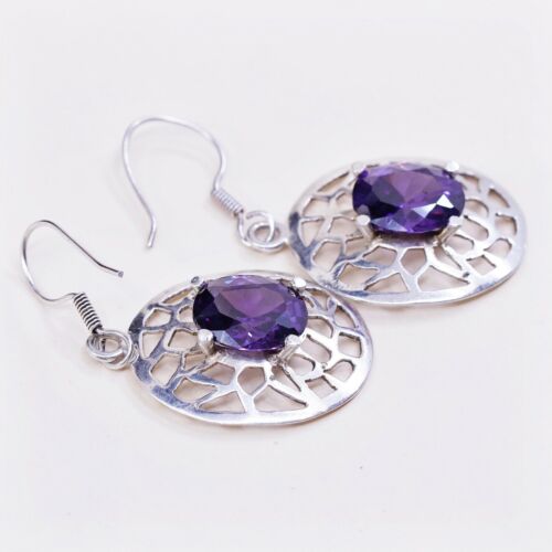 Vtg Sterling Silver Handmade Earrings, 925 Dangles W/ Amethyst N Filifree