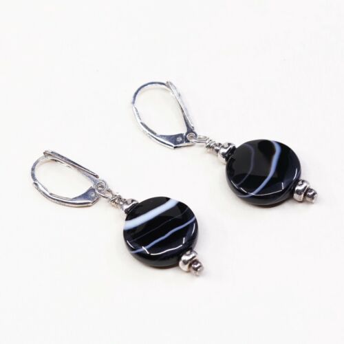 Vtg Sterling Silver handmade Earrings, 925 Silver W/ Black Agate Inlay