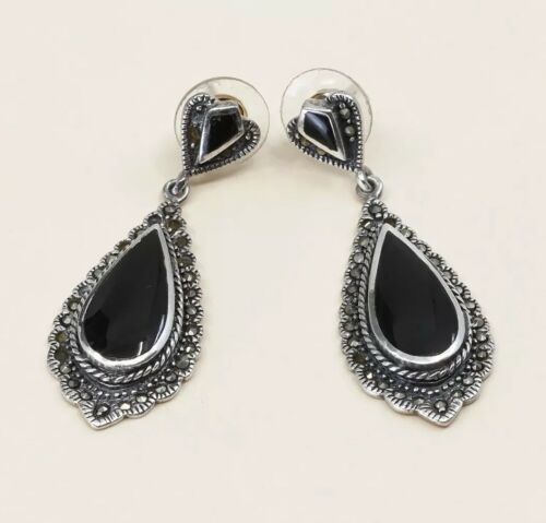 Vtg Sterling silver earrings w/ Teardrop Obsidian Drop N Marcasite Details, 925