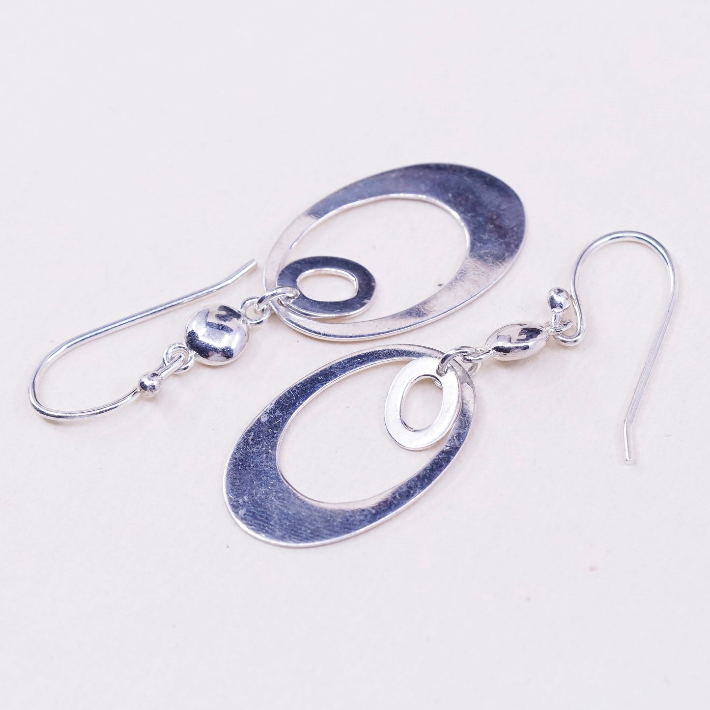 Vintage sterling silver handmade earrings, 925 silver double circles dangle