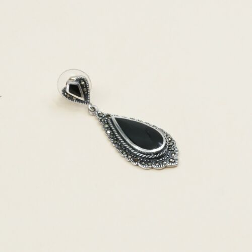 Vtg Sterling silver earrings w/ Teardrop Obsidian Drop N Marcasite Details, 925