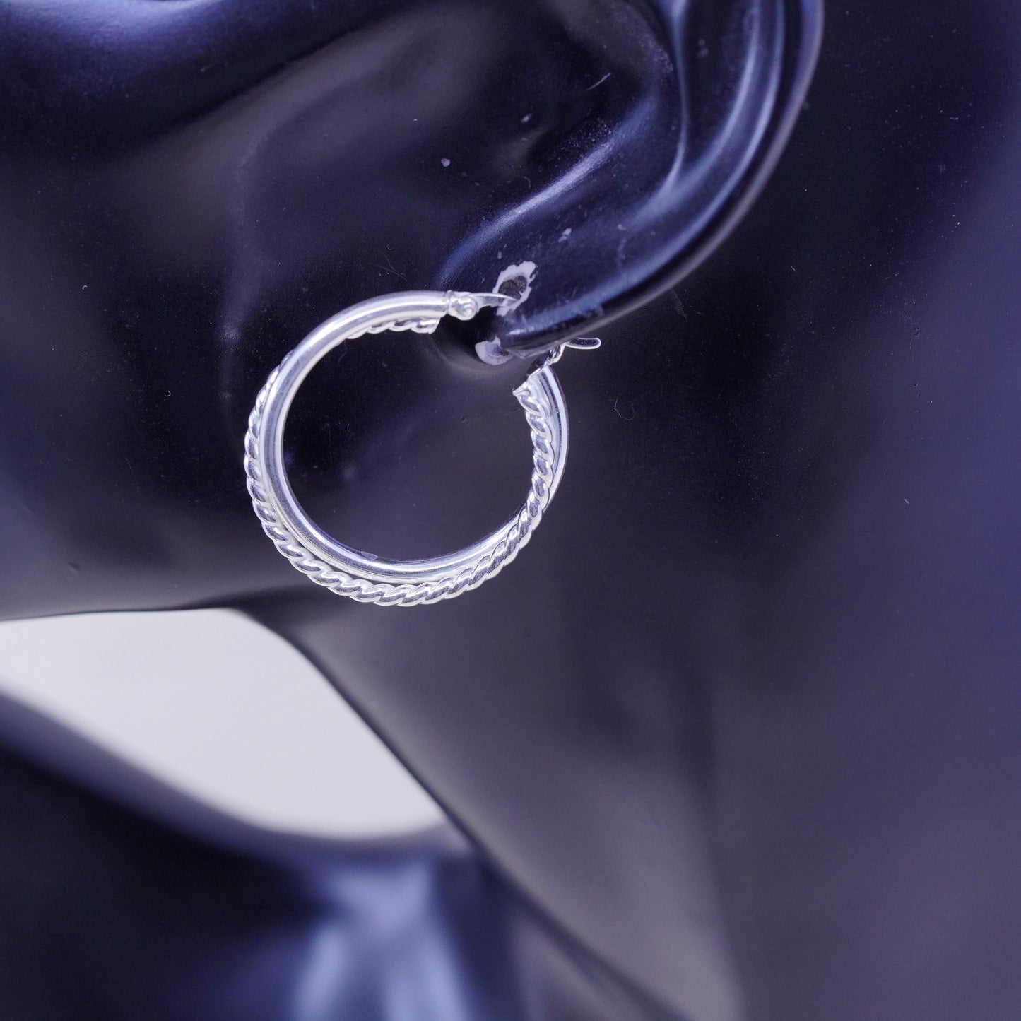 1.25”, Vintage sterling silver loop earrings, entwined twisted primitive hoops