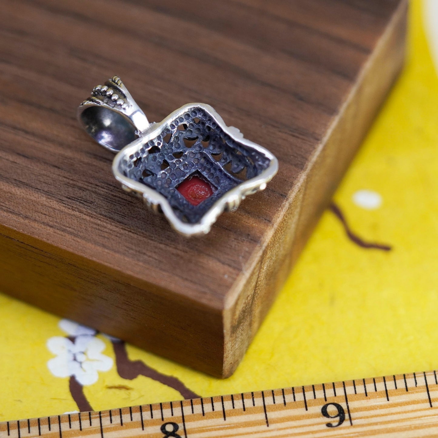 Vintage Sterling 925 silver handmade square Bali pendant with red onyx