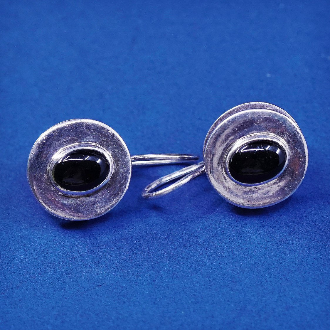 vtg Sterling silver handmade earrings, 925 w/ oval obsidian, stamped 925