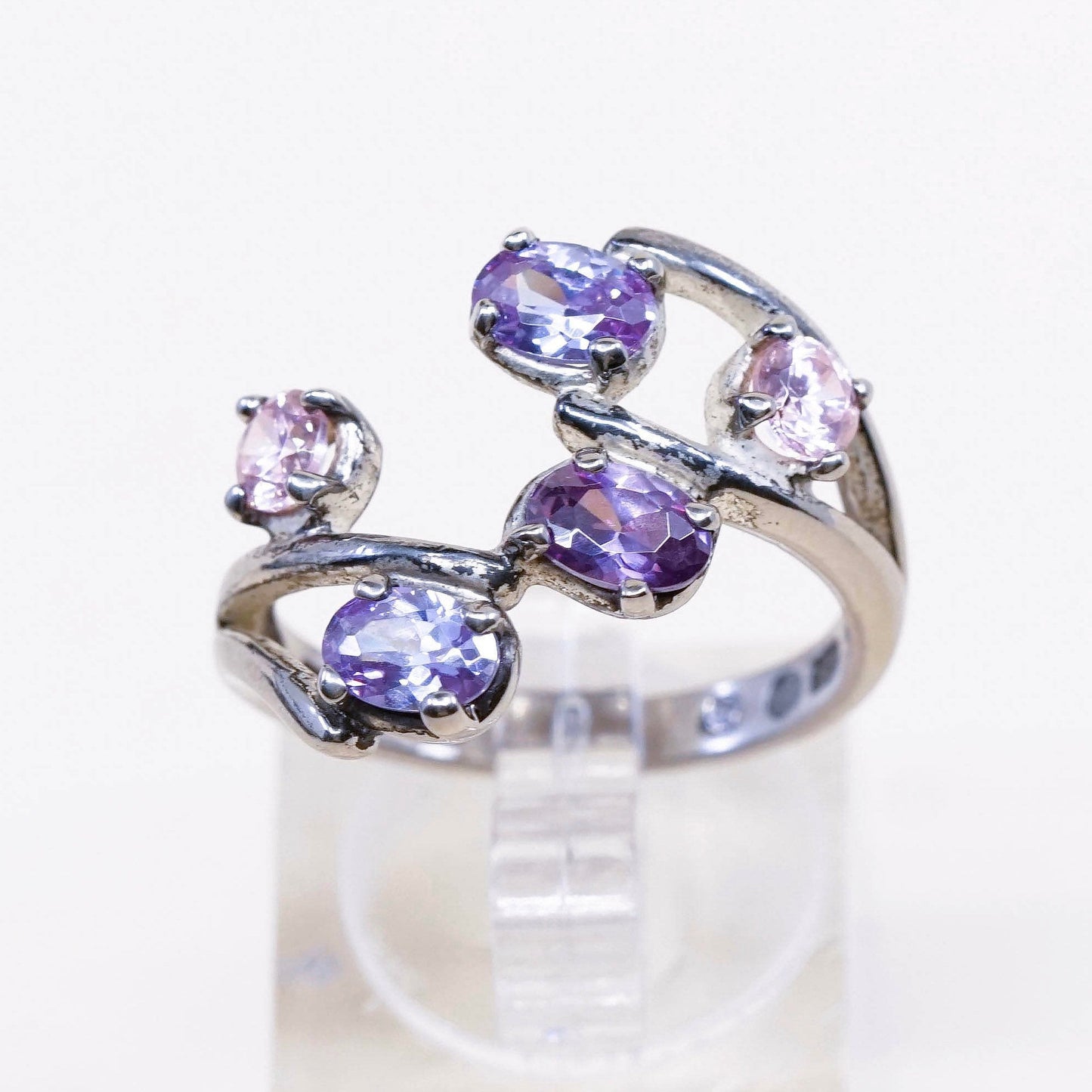 sz 8.25, vtg Sterling silver handmade cocktail ring, 925 with cluster amethyst